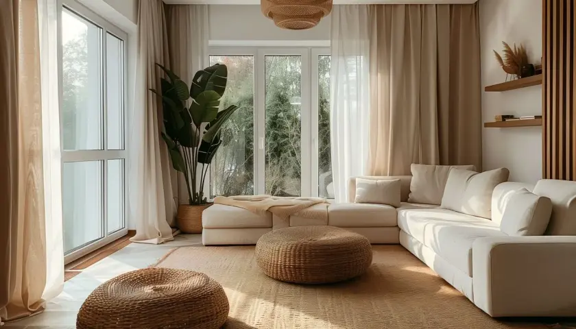 Jasny salon w stylu scandi boho z wygodną, kremową kanapą, plecionymi pufami i dużą rośliną.
