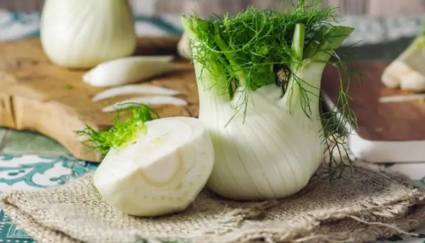 Świeży koperkowy fenchel po polsku, z zielonymi liśćmi i przekrojonym bulwiastym korzeniem, gotowy do kuchni.
