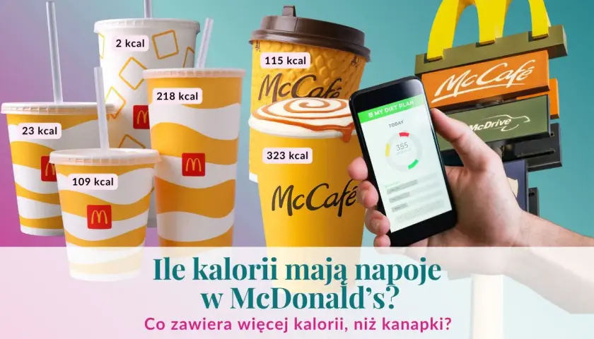 Ile kalorii ma mała cola z Mc? Na zdjęciu napoje McDonald's z podanymi wartościami kalorycznymi, od 2 do 323 kcal.