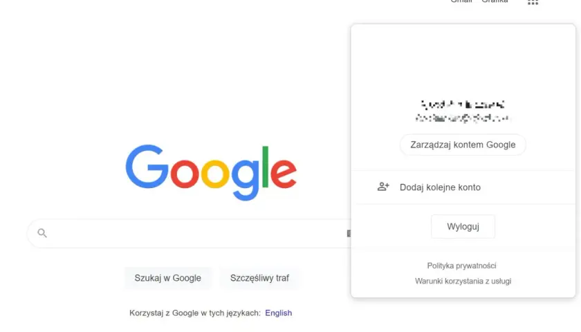 Menu konta Google z opcją "Wyloguj", pokazujące jak wylogować się z konta Google.