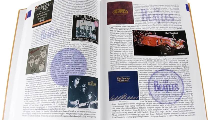 Brytyjski zespół rockowy The Beatles na okładkach płyt i w książce.