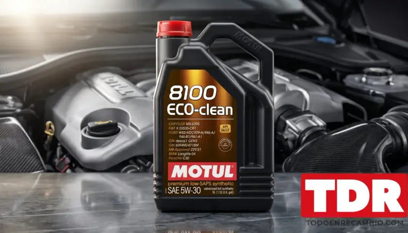 Botella de aceite Motul 8100 ECO-clean SAE 5W-30 junto a un motor. Se puede mezclar aceite 0w30 y 5w30.