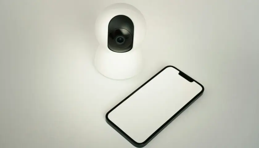 Cámara de seguridad blanca junto a un móvil con pantalla en blanco. Ideal para usar móvil viejo como cámara de seguridad.