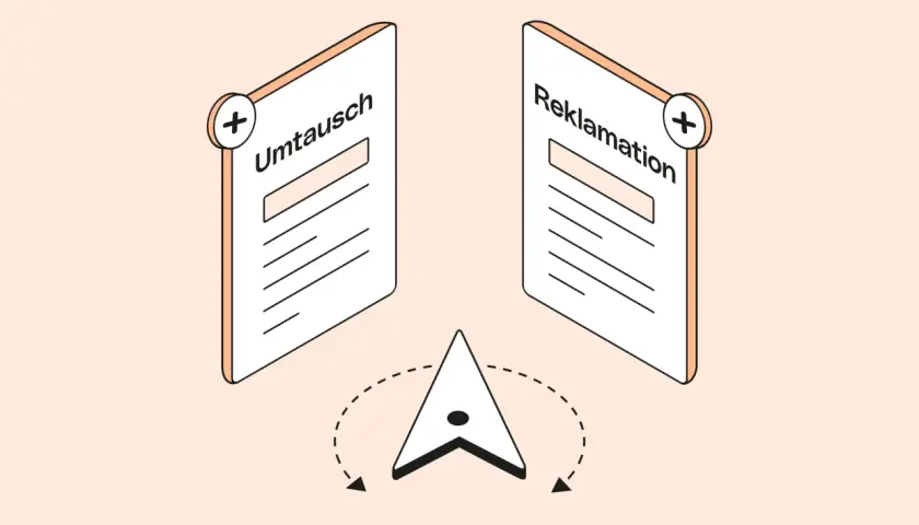 Zwei Karten mit "Umtausch" und "Reklamation" sowie ein Navigationspfeil symbolisieren das Umtauschrecht im Einzelhandel.