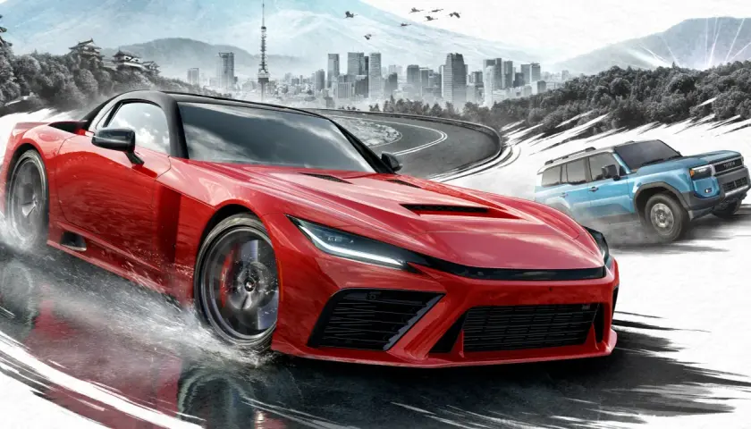 Roter Sportwagen und blauer SUV rasen durch eine Stadtkulisse mit Bergen im Hintergrund. Das ist die Welt von Forza Horizon 6!
