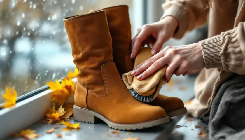Une astuce de grand-mère pour nettoyer le daim : des bottes marron sont brossées avec un chiffon doux et une brosse.