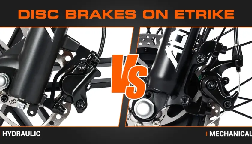Close-up comparison of hydraulic brakes vs disc brakes on an e-trike, highlighting their distinct mechanisms for powerful stopping.