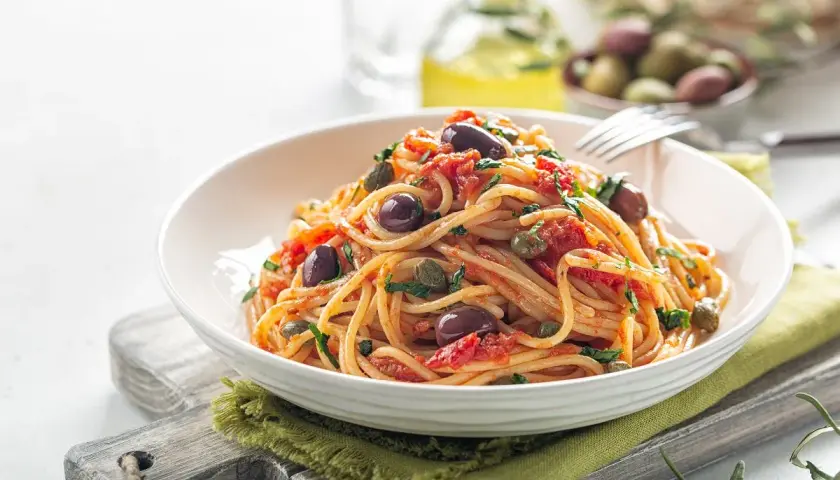 Makaron spaghetti z pomidorami, oliwkami i kaparami, podany w białej misce na zielonej serwetce.