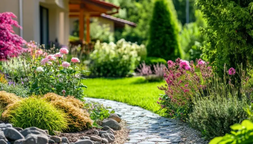 Ein blühender Gartenweg lädt zum Verweilen ein. Hier wird ein vorhandener Garten umgestaltet mit Rosen, Lavendel und Ziergräsern.