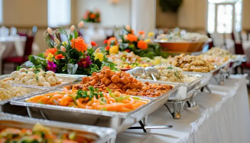 Un buffet, c'est une table garnie de plats variés, comme ici avec ces mets colorés et appétissants, prêts à être dégustés.