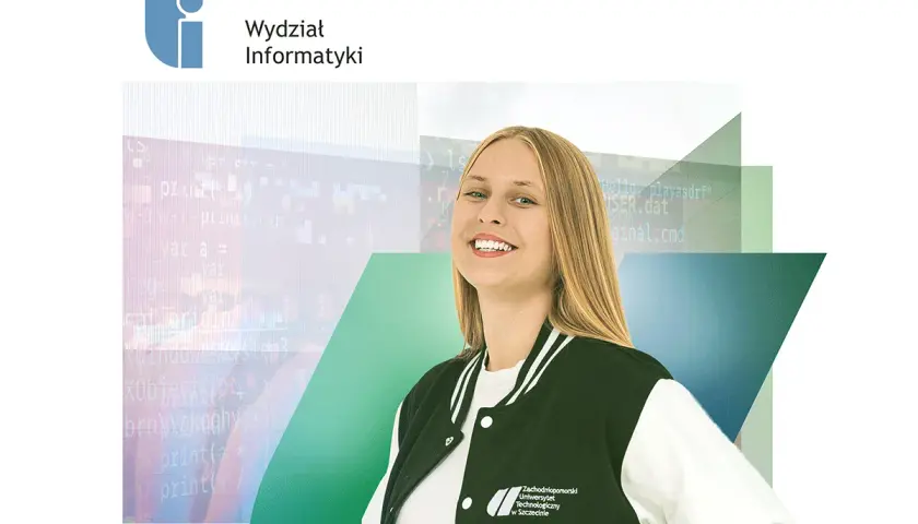 Uśmiechnięta studentka Wydziału Informatyki, kierunkowy 91 Polska, na tle kodu.