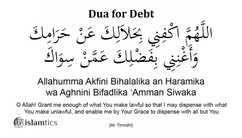 En bild med texten "Dua for Debt" och en islamisk bön på arabiska, engelska och svenska. Bönen, en dua islam, handlar om att bli fri från skulder.