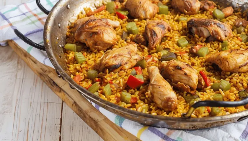 Paella de pollo recién hecha, con trozos dorados de pollo, arroz amarillo y verduras.