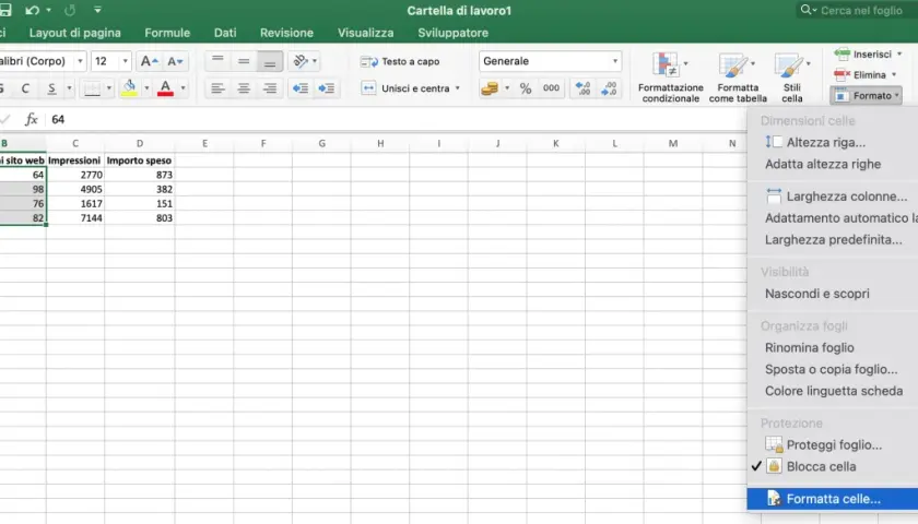 Menu di Excel mostra opzioni per bloccare celle, formattare e proteggere fogli di lavoro.