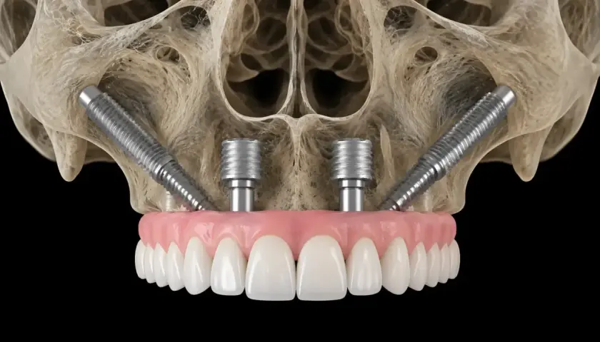 Immagine 3D di impianti zigomatici inseriti nell'osso mascellare, con una protesi dentale fissa.