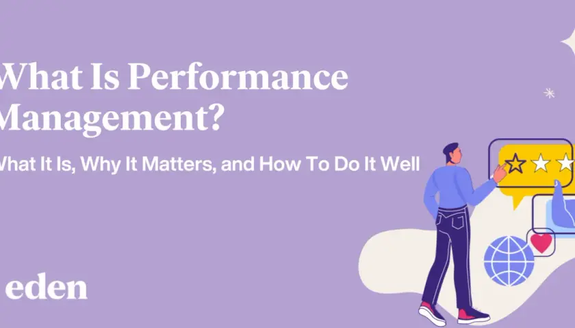 Illustration explaining "What Is Performance Management?" and why it matters, showing a person interacting with feedback icons.