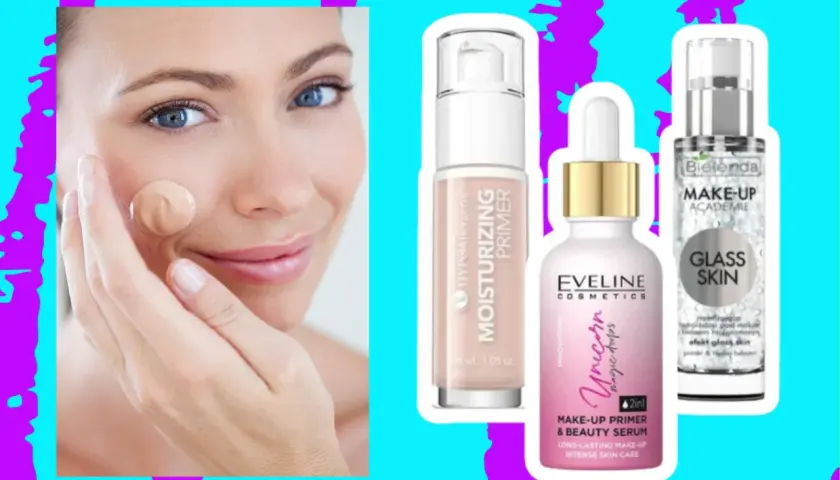Kobieta aplikuje podkład, obok kosmetyki: baza pod makijaż Eveline Unicorn, nawilżający primer i baza pod makijaż Bielenda Glass Skin.