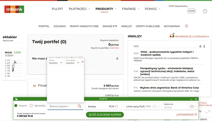 Na ekranie mBank widać panel "Twój portfel (0)", gdzie można kupić lub sprzedać akcje, w tym mbank etf.