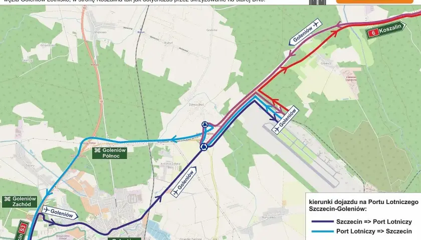 Mapa pokazuje dojazd do lotniska w Goleniowie. Kolorowe linie wskazują trasy ze Szczecina i Koszalina.