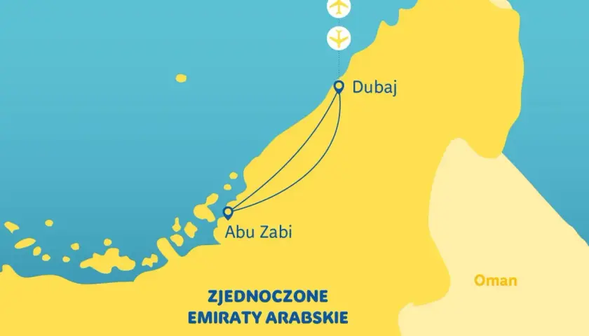 Mapa Zjednoczonych Emiratów Arabskich. Widać połączenie lotnicze między Dubajem a Abu Zabi.