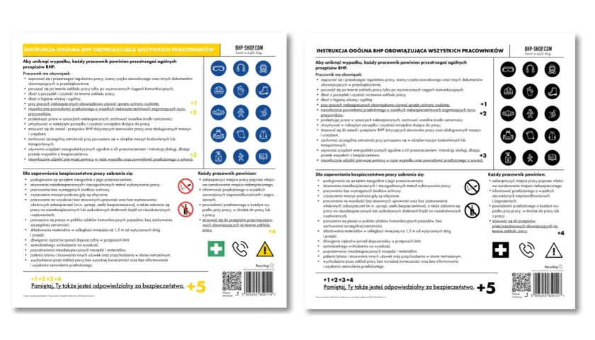 Instrukcja BHP oznaczona jest kolorem żółtym. Dokument zawiera zasady bezpieczeństwa i higieny pracy.