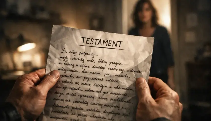 Ręce trzymają dokument "TESTAMENT", zapowiadający zapewnienie spadkowe. W tle niewyraźna postać kobiety.