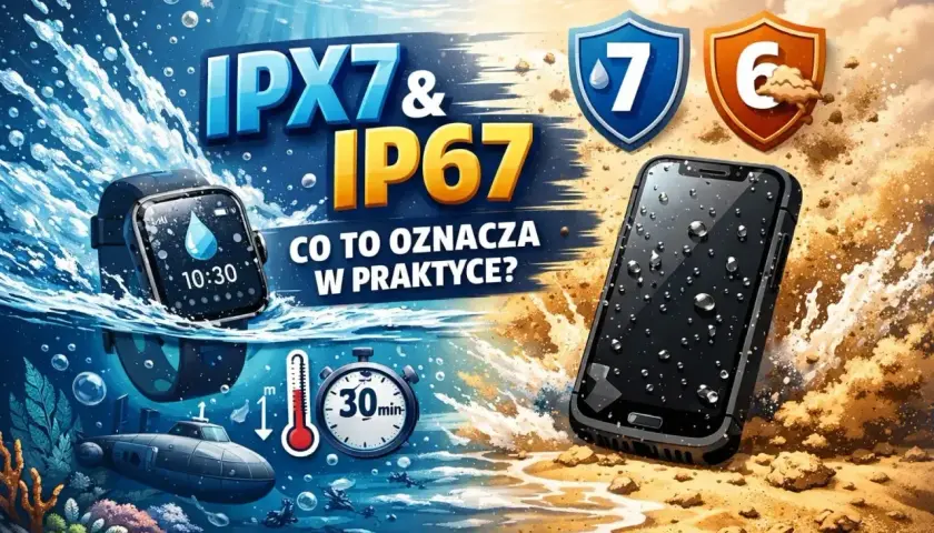 Smartwatch i smartfon z certyfikatem IP67 zanurzone w wodzie. Wodoodporność IP67 oznacza ochronę przed zanurzeniem do 1 metra przez 30 minut.