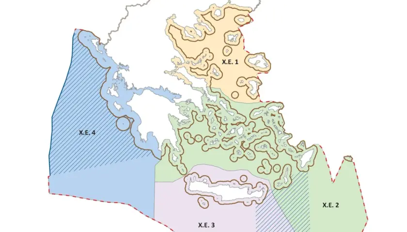 Mapa Grecji z zaznaczonymi strefami X.E. 1, X.E. 2, X.E. 3 i X.E. 4.