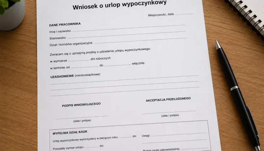 Wniosek o urlop wypoczynkowy. Dokument zawiera pola na dane pracownika, termin urlopu, uzasadnienie, podpisy i akceptację przełożonego. To ważny krok przed planowanym urlopem.