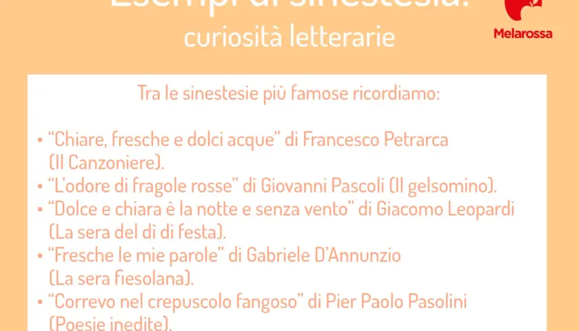 Esempi di sinestesia: curiosità letterarie. Elenca citazioni famose che illustrano cos'è la sinestesia, come "dolci acque" e "odore di fragole rosse".