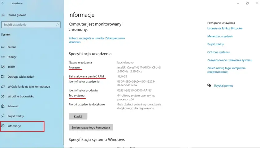 Informacje o systemie: jak sprawdzić ile bit ma system. Widok specyfikacji urządzenia, w tym typ systemu: 64-bitowy.