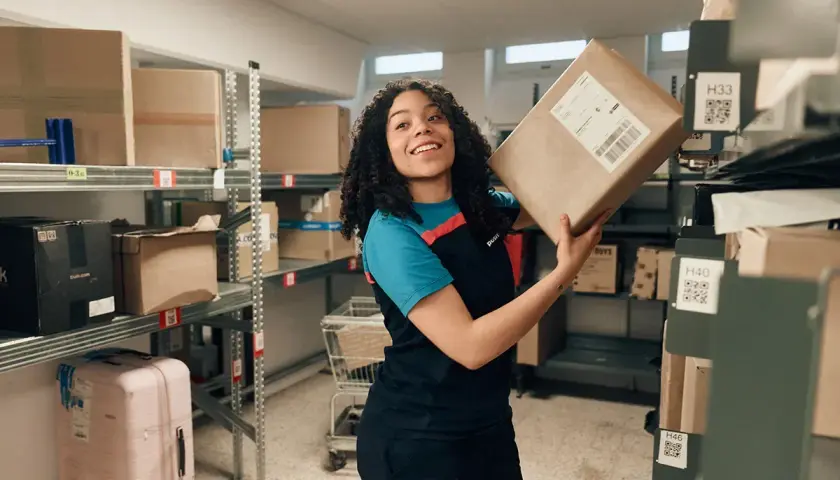 Lächelnde Frau mit Paket in einem Lager, bereit für den Versand. Alle Zollformalitäten sind erledigt.