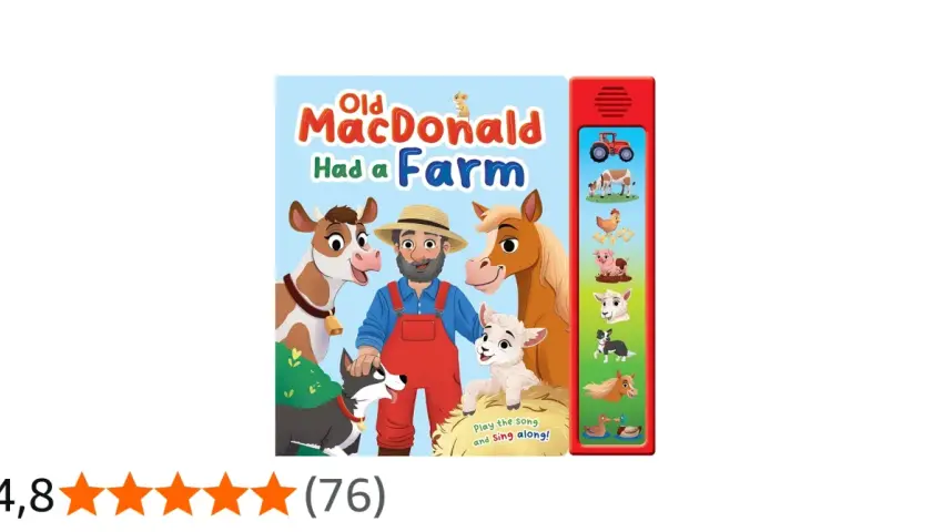 Okładka książeczki "Old MacDonald Had a Farm" z wesołym rolnikiem, krową, koniem, owcą, psem i innymi zwierzętami.