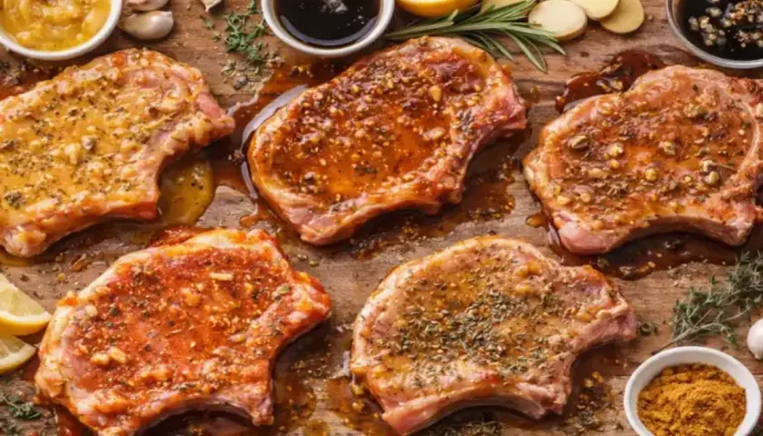 Cinq côtelettes de porc crues, généreusement recouvertes d'une marinade savoureuse, sont disposées sur une planche en bois. Des herbes, de l'ail, du citron et des épices complètent la scène culinaire.