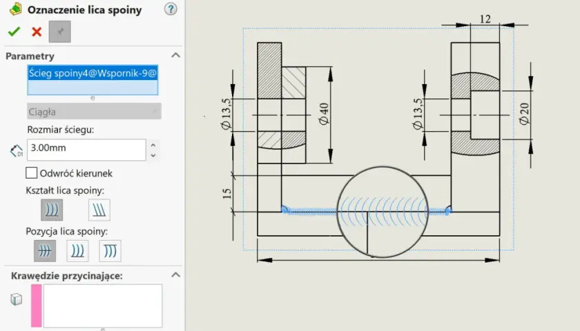 Parametry oznaczenia lica spoiny: ścieg ciągły, rozmiar 3.00mm. Widok przekroju dwóch elementów z wymiarowaniem.