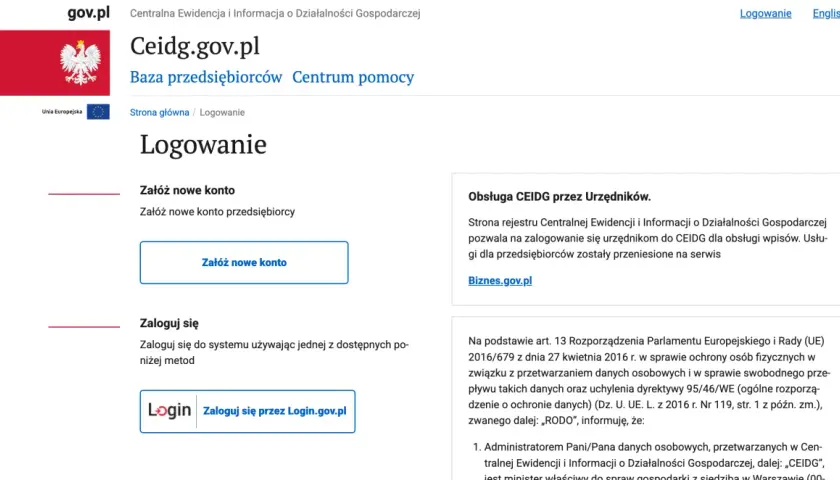 Strona logowania do CEIDG.gov.pl, gdzie można założyć nowe konto lub zalogować się do systemu.