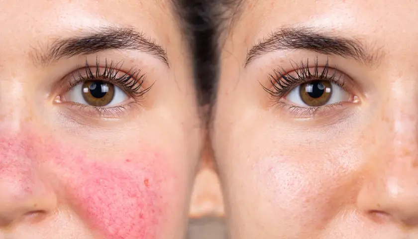 Före- och efterbilder av en ansiktshalva som visar rodnad och synliga blodkärl vid rosacea, jämfört med en klarare hud.