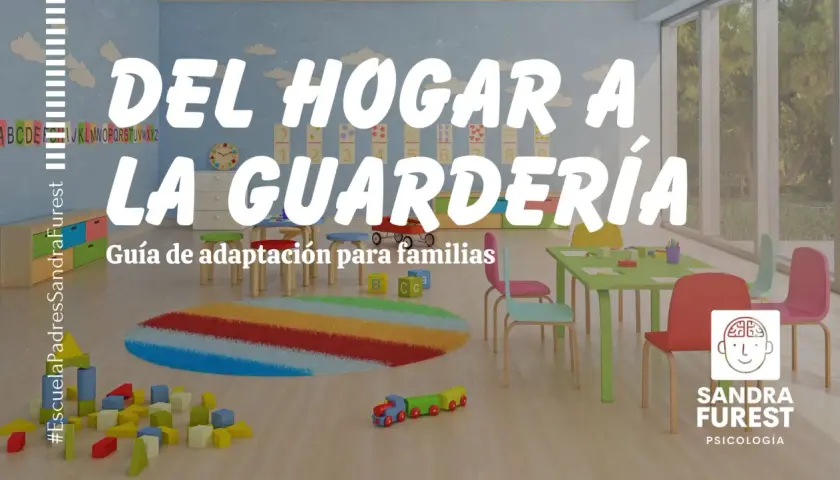 Un aula colorida con mesas, sillas y juguetes. La imagen promociona una guía para la adaptación a la guardería gratis.