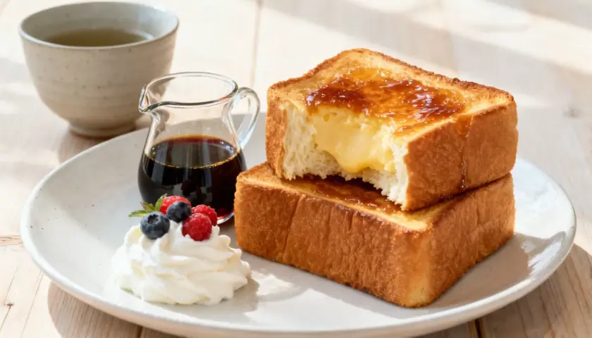 Un délicieux pain perdu crémeux, garni de fruits rouges et de chantilly, servi avec du sirop et une tasse de thé.