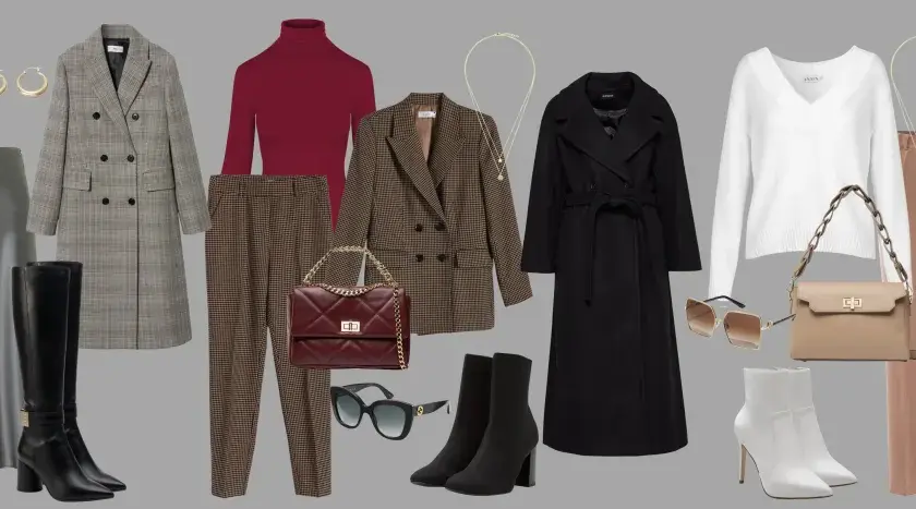 Elegancka stylizacja na randkę jesienią: płaszcze, marynarki, swetry, spodnie, spódnica, buty i torebki w stonowanych kolorach.