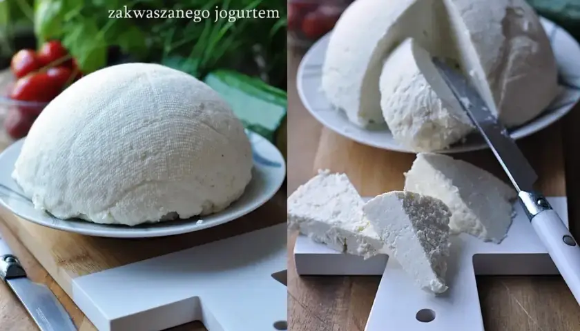 Domowy twaróg z mleka zakwaszanego jogurtem. Pokrojony ser na desce, gotowy do podania. Prosty przepis, jak zrobić twaróg.