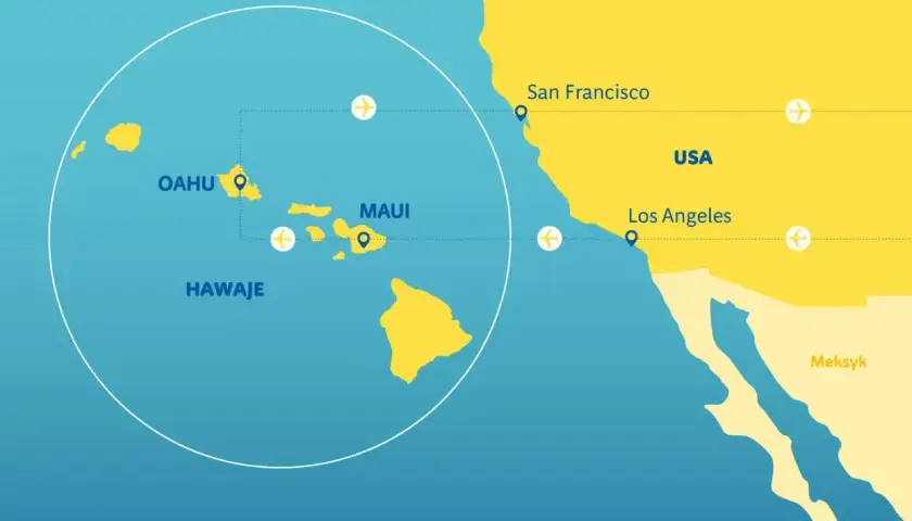 Mapa pokazuje atol na Hawajach, z zaznaczonymi wyspami Oahu i Maui. Linie lotnicze łączą Hawaje z USA, w tym z Los Angeles i San Francisco.