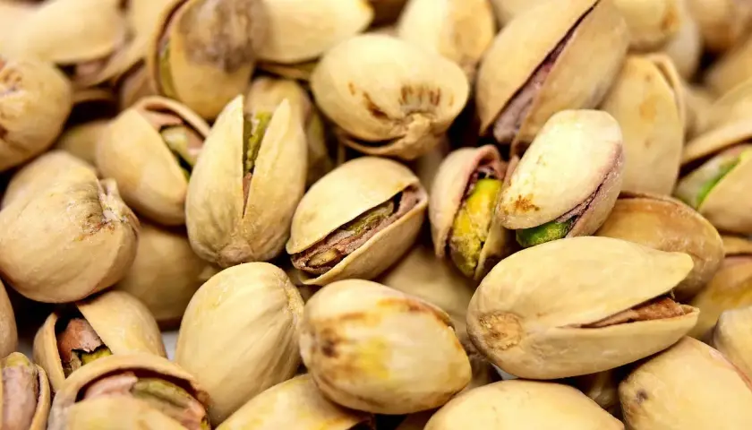 Mnóstwo łuskanych pistacji, które choć botanicznie są pestkowcami, często traktujemy jako orzechy.
