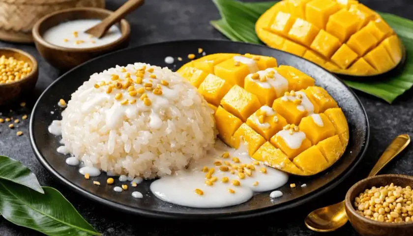 En tallrik med klibbigt ris, färsk mango i kuber och en krämig kokossås. Toppad med krispiga frön, en härlig kombination av friterat rispapper och mango.