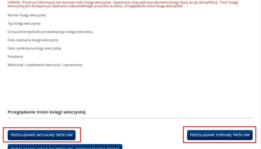Wynik wyszukiwania księgi wieczystej. Możliwość przeglądania darmowe księgi wieczyste, aktualnej lub zupełnej treści KW.