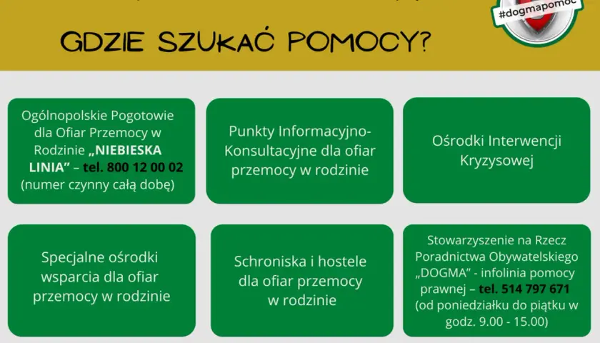 Gdy życie ci niemile, szukaj pomocy! Plakat informuje o miejscach wsparcia dla ofiar przemocy w rodzinie: infolinia, punkty konsultacyjne, ośrodki interwencji, schroniska.