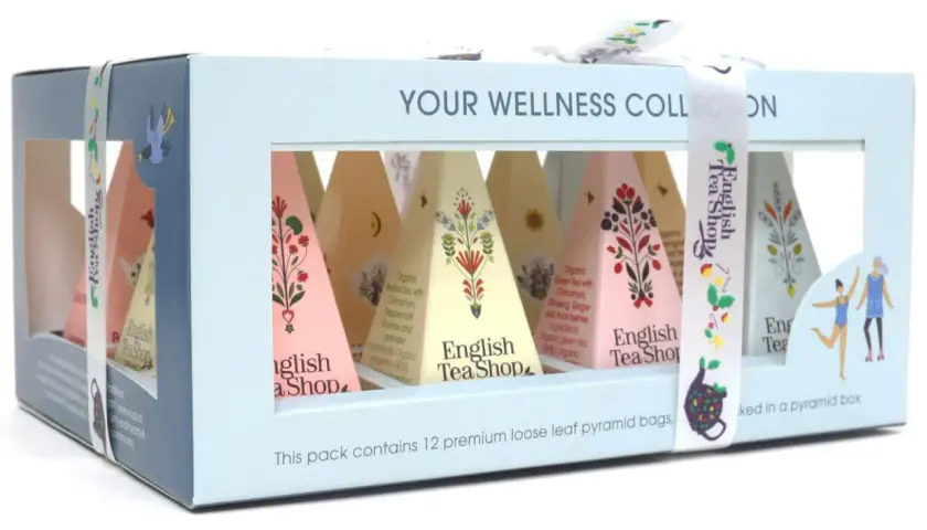 Kolekcja wellness English Tea Shop: 12 piramidek z herbatą w pudełku.