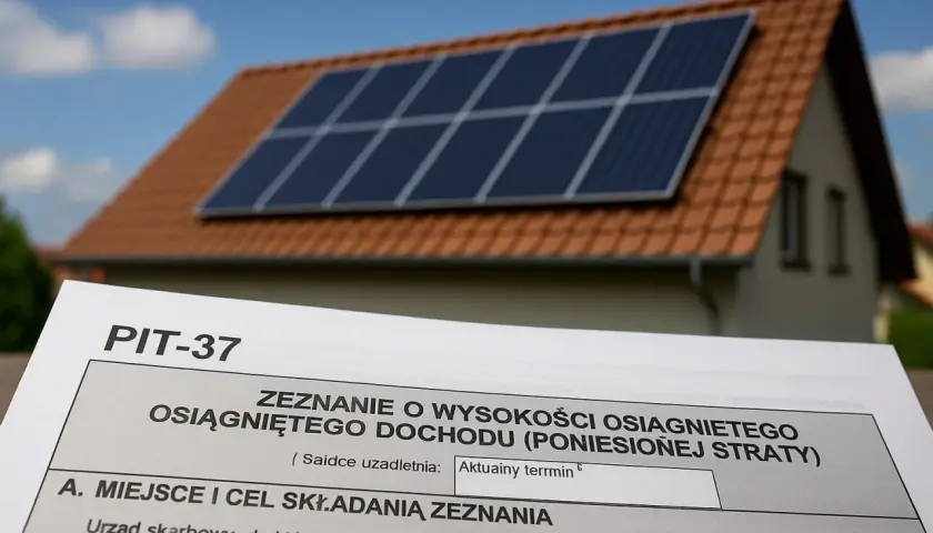 Formularz PIT-37 na tle domu z fotowoltaiką. Dowiedz się, jak rozliczyć fakturę za fotowoltaikę i złożyć zeznanie podatkowe.
