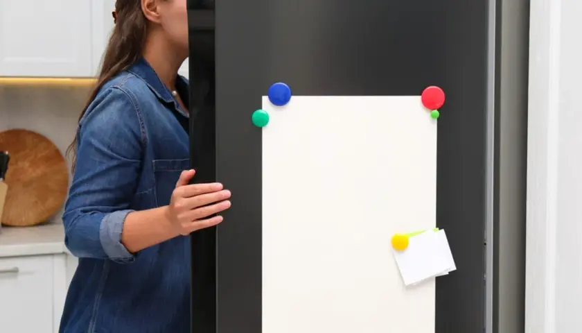 Kobieta w dżinsowej koszuli otwiera drzwi lodówki z pustą kartką i kolorowymi magnesami.