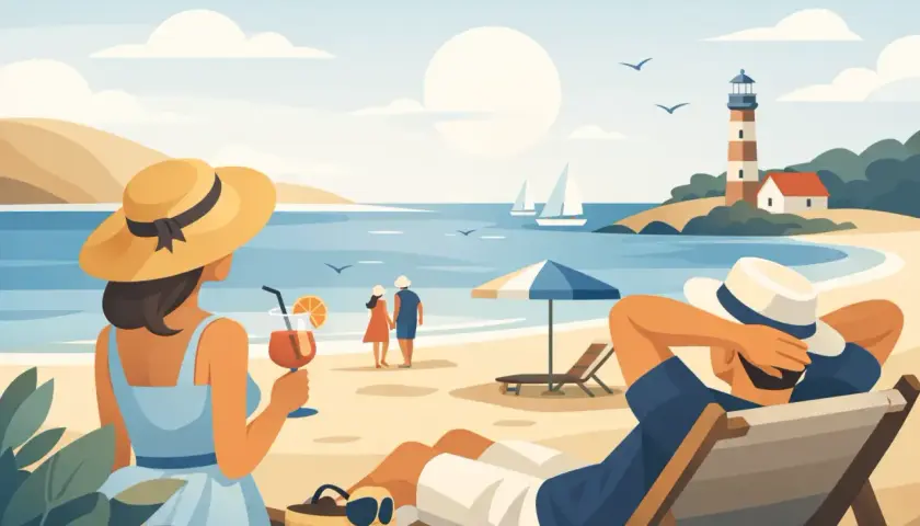 Relaks na plaży w Łebie, idealne łeba atrakcje dla dorosłych. Para spaceruje, ktoś pije drinka, a ktoś inny odpoczywa w leżaku.